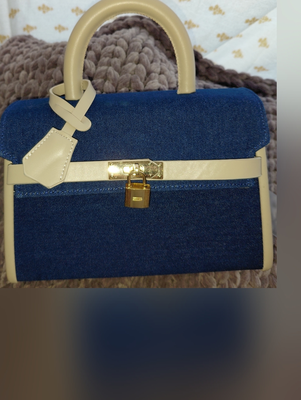 Blue Denim and Cream Top-Handle Satchel With Crossbody Steap And Wallet